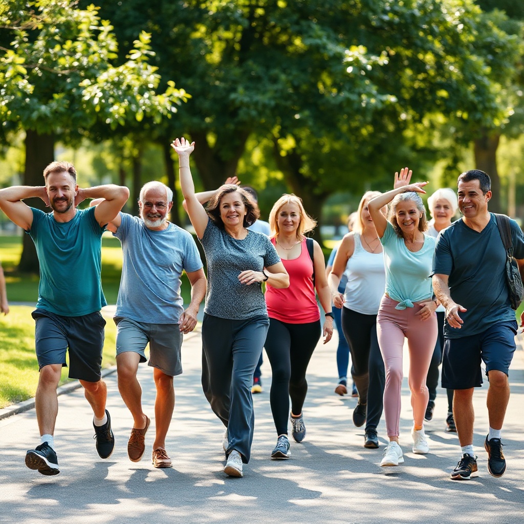 Diverse group walking and stretching in a park