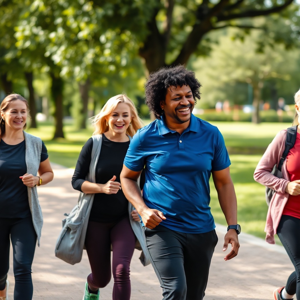 People walking and exercising in a park