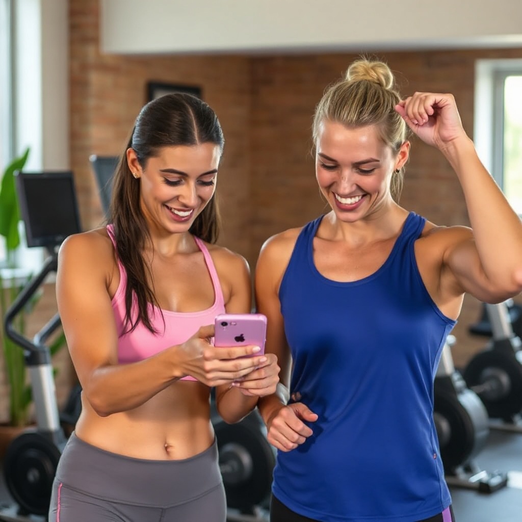 Friends exercising together and using a fitness app