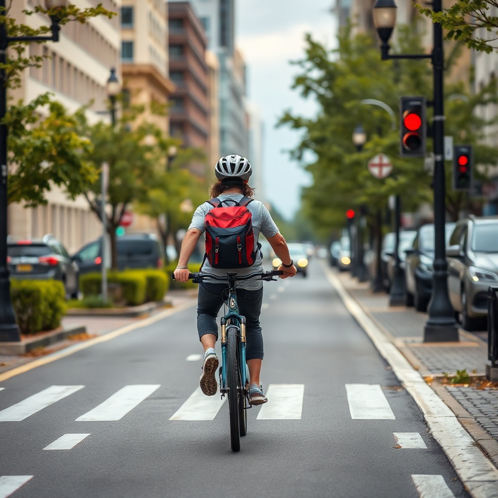 Cyclist commuting on a city bike lane