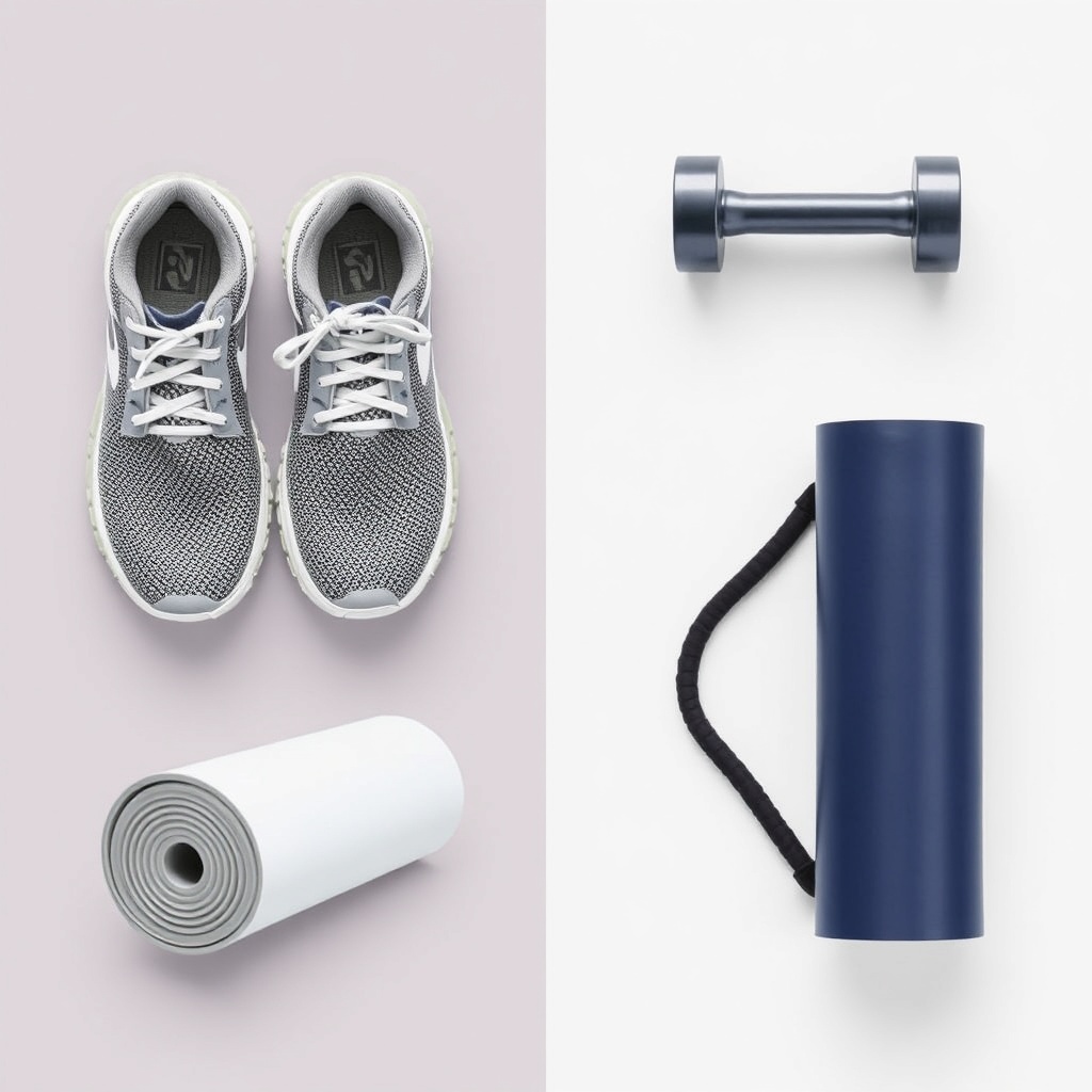 Running shoes, dumbbells, and a yoga mat representing exercise types