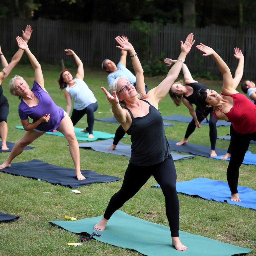 Group practicing outdoor yoga and stretching